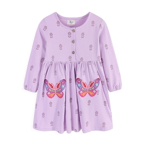 Lavender long sleeve floral girl dress with butterfly embroidery and wooden buttons