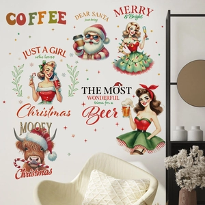 Détail des stickers muraux de Noël vintage en PVC avec des motifs festifs variés
