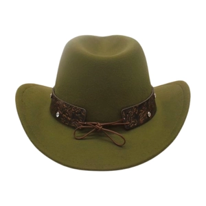 Olive green wide brim cowboy hat with embossed leather band and silver rivet accents