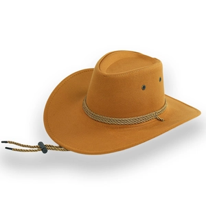 Classico cappello da cowboy western in finto camoscio color cammello con cordino regolabile
