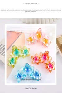 Detail of four colorful gradient plumeria flower hair claws with pearlescent finish