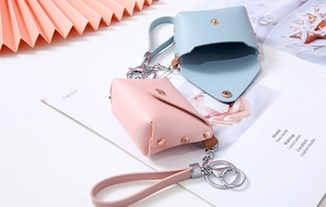 Mini PU leather envelope coin purse keychain with wrist strap in pink and blue colors