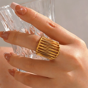 Hollow Line Ring Stainless Steel 18K Gold Plated Adjustable Open Geometric Wide Band Statement Jewelry For Women