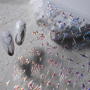 3D Laser Silber Holographische Nagelaufkleber mit Herz und Schmetterling Mustern