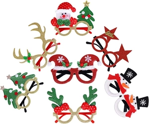 Flat lay of eight colorful Christmas party glasses with glitter felt holiday designs