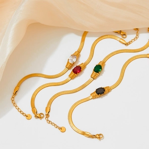 Stainless Steel Snake Chain Bracelet With Oval Colorful Glass Stone Adjustable Fashion Jewelry For Women