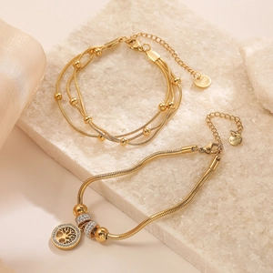 18K gold plated stainless steel tree of life pendant bracelet set with sparkling zircons
