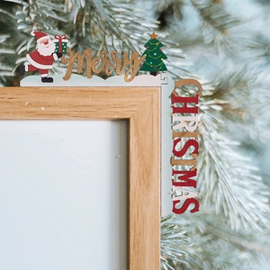 Wooden Merry Christmas frame ornament with Santa and tree for door corner decoration