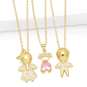 Cute Cartoon Boy Girl Figure Pendant Necklace 18K Gold Plated Brass With Heart Cubic Zirconia Trendy Jewelry For Women
