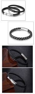 Detailed views of braided leather bracelets with stainless steel magnetic clasps for men