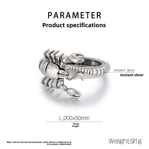Detailed specs of scorpion king men's steel bracelet with ancient silver finish and 91g weight