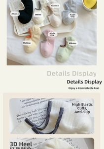 Detail of colorful no-show socks showing anti-slip silicone and high elasticity fabric