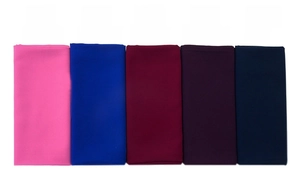 Flat lay of pearl chiffon hijabs in hot pink, royal blue, burgundy, and navy blue