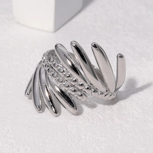 Polished silver wheat ear ring with layered feather design and bead accents
