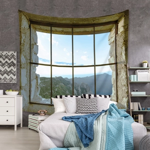 Detail view of 3D window mountain scenery tapestry on a modern minimalist bedroom wall