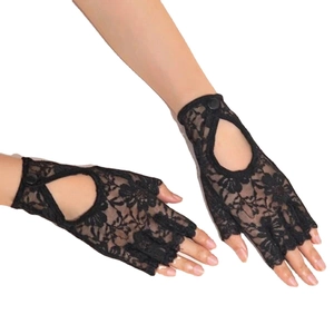Gants en dentelle noire pour femmes avec motif floral, découpe au dos et bouton chic