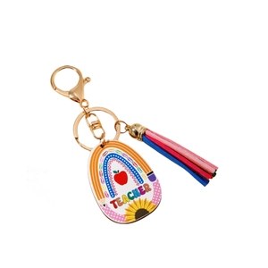 Rainbow teacher wooden keychain with colorful tassels and apple sunflower graphics