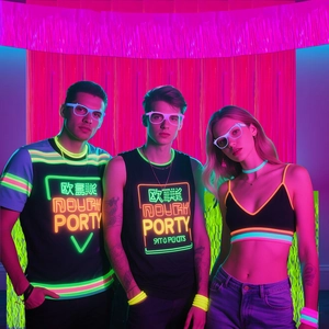 Neon party fluorescent T-shirts and activewear glow in dark neon lighting with fringe