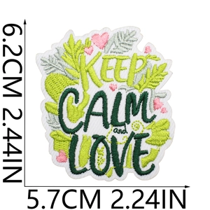 Detailed view of Keep Calm and Love embroidered patch with 6.2cm height dimension markings