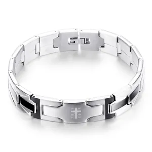 Men's stainless steel cross bracelet with silver and black links in a sleek design