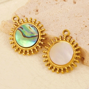 Golden 304 stainless steel sun pendant necklace with natural abalone and white shell inlay