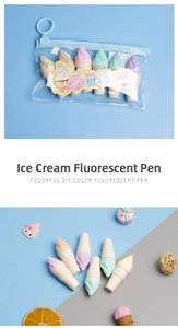 Detailed view of six pastel ice cream highlighters in a transparent zipper case set