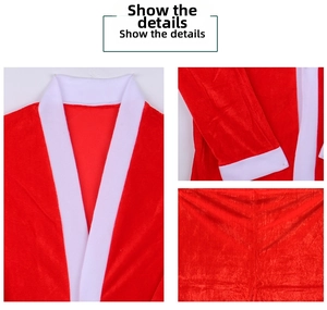 Detailed view of red velvet Santa suit collar and cuffs with white faux fur trim