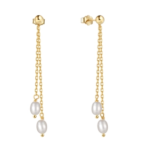 Macro detail of gold S925 silver double chain earrings with baroque pearl drops