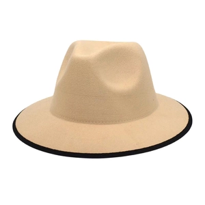 Beige wool felt fedora hat with black contrast trim and classic pinched crown design