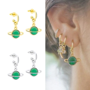S925 silver needle planet earrings in gold and silver finish with green Saturn charms