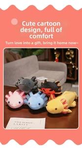 Close-up of five colorful soft axolotl plush toys set on a wooden table in a home setting