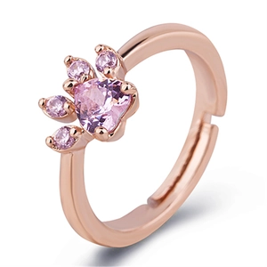 Rose gold adjustable ring featuring a cute cat paw design with pink heart gemstones