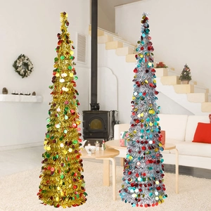 Foldable Tinsel Christmas Tree Sequin Collapsible Artificial Holiday Home Party Decoration Sparkling Metallic Pencil Tree