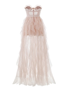Detail of lace corset and layered pink tulle high-low hem dress with satin waist belt