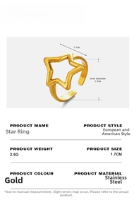 Detailed size chart and specifications for the gold star stainless steel ring