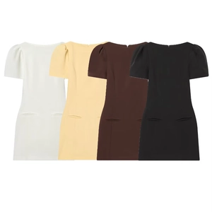 Mini Abito Maniche A Sbuffo Poliestere Girocollo Pieghettato Tasca Decorativa Slim Fit Casual Tinta Unita Moda Donna