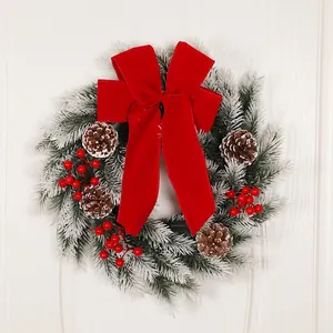 Christmas Wreath PE Pine Needles Natural Pine Cones Red Berries Velvet Bow Frosted Snow Front Door Hanging Decoration
