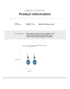 Detail view of bohemian blue resin oval earrings with vintage alloy lace pattern and dimensions
