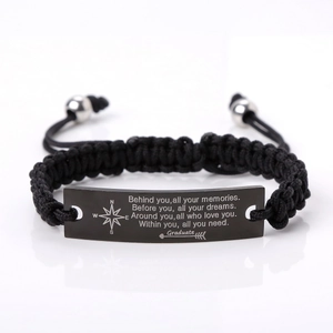 Handwoven black rope bracelet with polished black stainless steel engraved plate