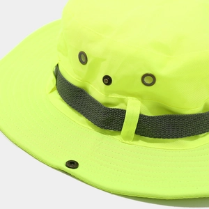 Close-up of fluorescent yellow sun hat with mesh air vents and reinforced woven band
