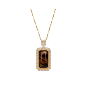 Gold plated necklace with a rectangular tiger eye stone pendant and sparkling zircon stones