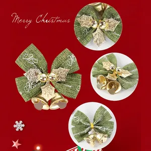 Mini Christmas bell ornaments with green linen bows and Merry Christmas print