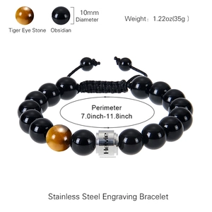 Men's 10mm tiger eye and obsidian beaded bracelet with custom stainless steel cylinder