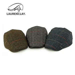 Classic herringbone tweed flat caps for men and women in green, grey, and blue colors