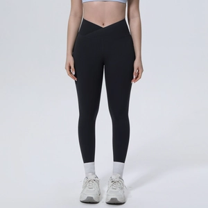 Schwarze Yoga-Leggings für Damen mit hohem Cross-Over-Bund für Fitness und Training
