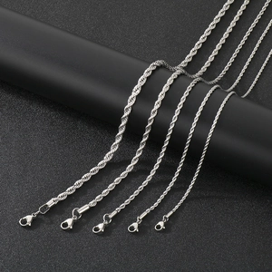 Set of five silver stainless steel rope chains in various thicknesses with lobster clasps