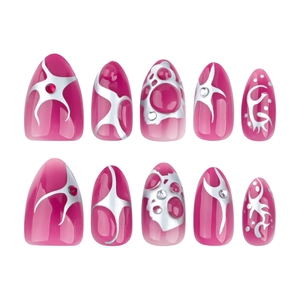 Y2K style rose red press-on nails with silver metallic flame patterns and rhinestones