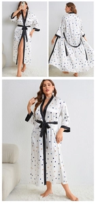 Detail of white satin robe with heart print and black trim in a three-panel studio layout