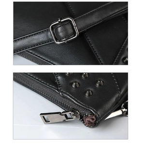 Close-up of black punk motorcycle bag featuring silver cone rivets and metal buckle detail