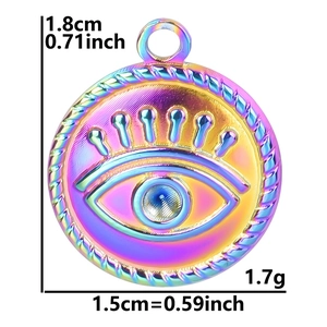 Rainbow stainless steel evil eye pendant showing dimensions 1.8cm by 1.5cm and 1.7g weight